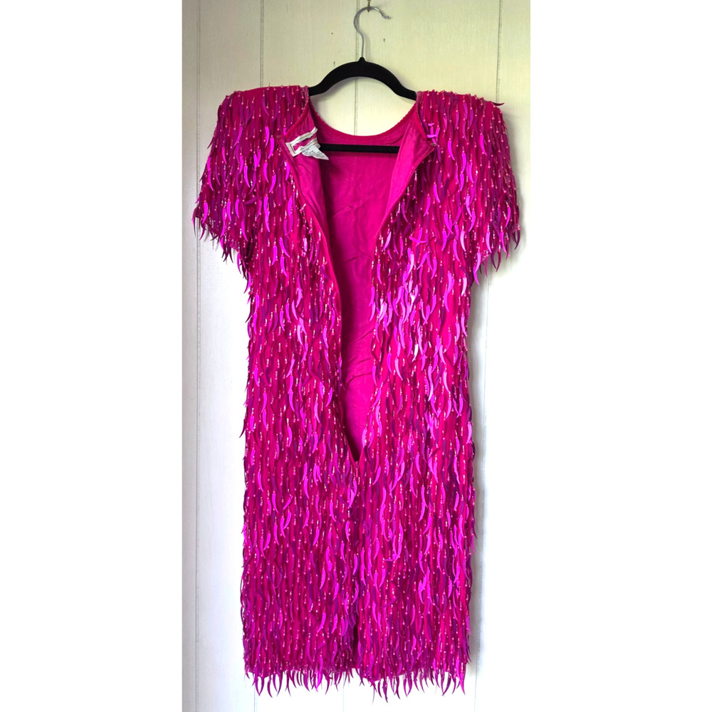 AJ Bari Silk Hot Pink Cattail Sequin Beaded Fringe Vintage Trophy Sheath Dress 6 - Picture 7 of 15